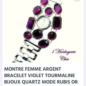 Silver Bracelet Watch with Purple Stones